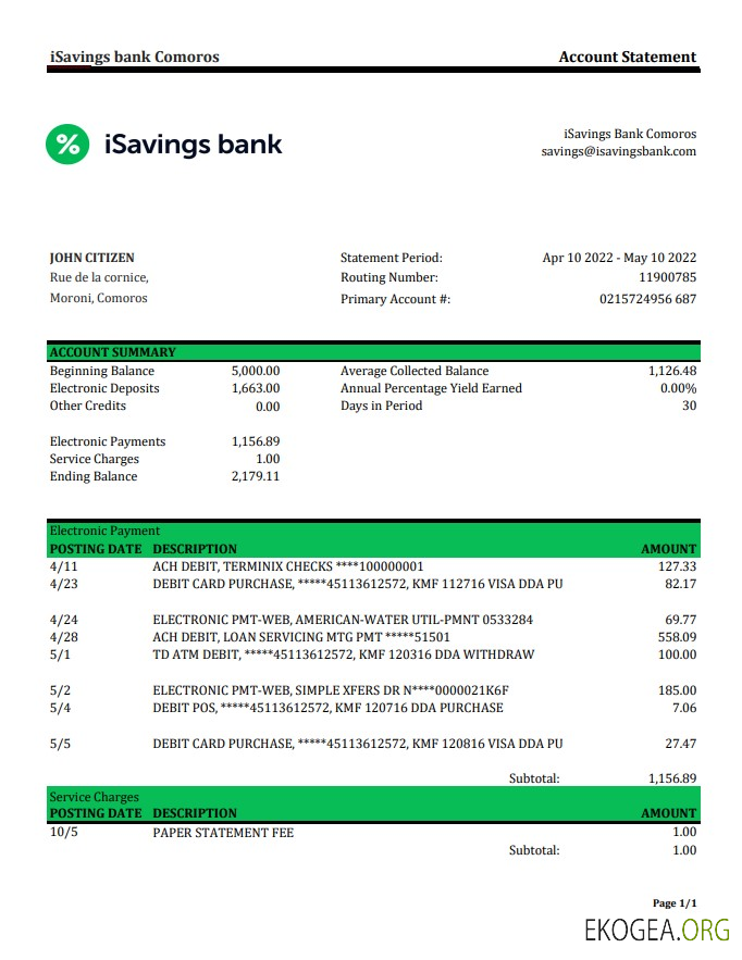 Relevé bancaire iSavings des Comores xls